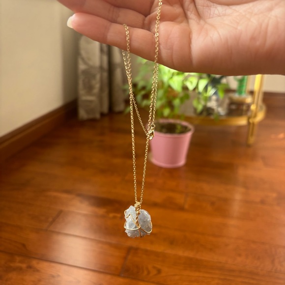 Jewelry - Delicate Gold Tone Necklace with Wire Wrapped Crystal Pendant